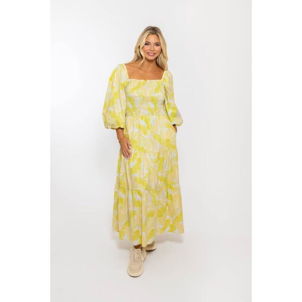 Karlie Women’s Large Tropical Leaf Poplin Smock Puff Sleeve Maxi Dress